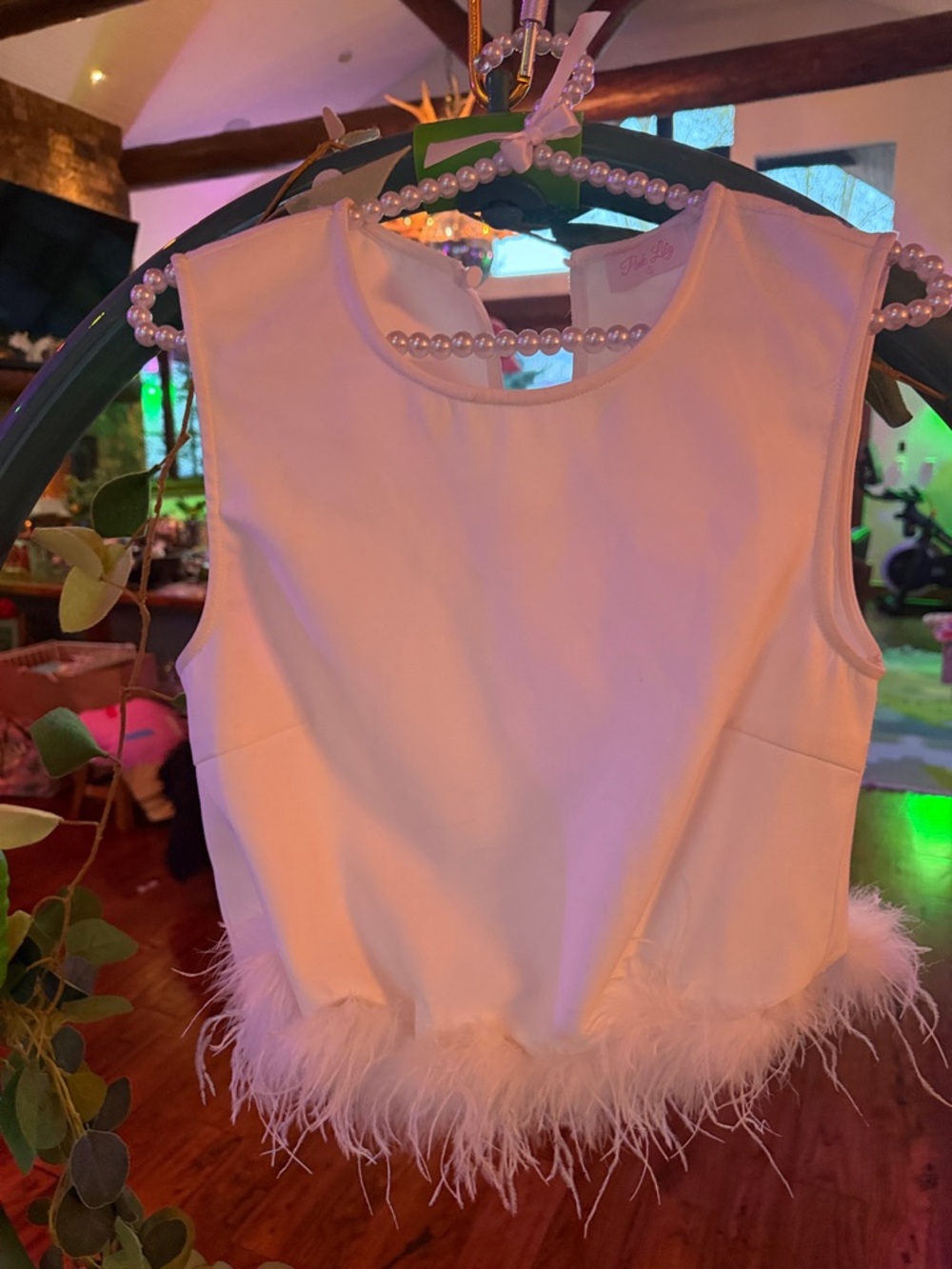 Pink Lily White Feather Trim Tank Top